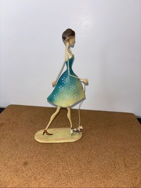 Decorative Metal Lady Figurine in Teal-Green Dress with Pet 9.5x4.5”